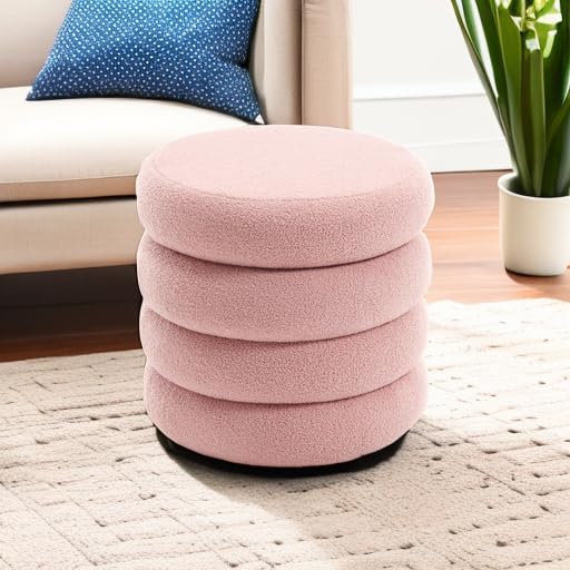 Round Ottoman, Ottomans with Storage, Cute Poufs for Living Room, Bedroom Stools with Removable Lid, Ottoman Stools for Extra Seating, Pink, 19.5" Width