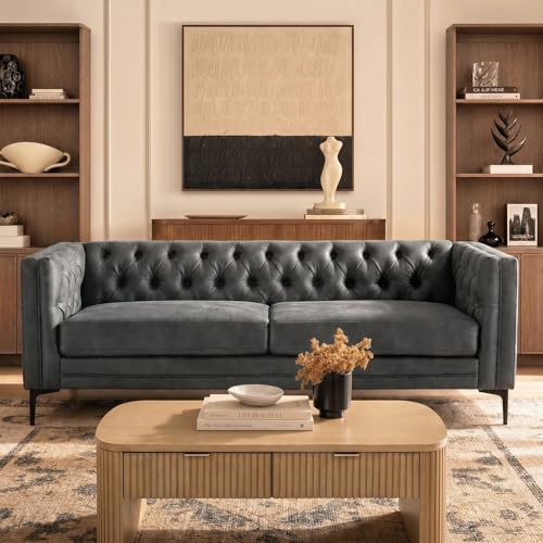 84" W Faux Leather Sofa Couch with Metal Legs, Button-Tufted 3-Seater Sofa, Mid Century Modern Contemporary Upholstered Couch for Living Room, Entertainment Area, Apartment,Grey