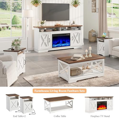 5-Piece Farmhouse Table Set Include 63" TV Stand with 26" Fireplace, 40" Coffee Table, 2 End Tables with Charging Station & USB Ports, Living Room Table Sets with Barn Door, Rustic Oak&White