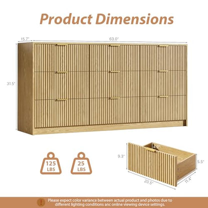3-Piece Dresser Bedroom Set, 9 Drawer Dresser & 2 Drawer Nightstands with Gold Handles, Fluted Wood Chest of Drawers for Bedroom, Living Room, Entryway, Nature