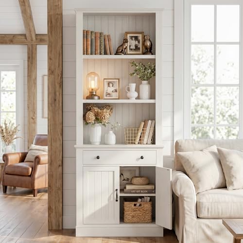 80" Tall Bookshelf with Drawer and Doors, Rustic White Bookcase, view 2