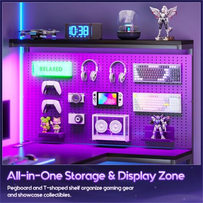 55" L Shaped Gaming Desk with Pegboard Hutch, LED Lights, Black, view 5