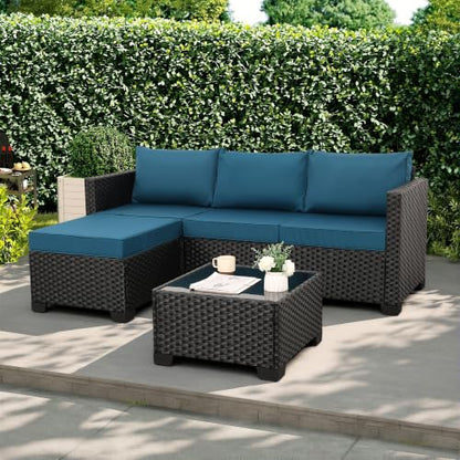Outdoor Furniture Set 3 Pieces Wicker Patio Furniture Outdoor Sectional Patio Couch Outdoor Coffee Table All-Weather Non-Slip Cushions Waterproof Covers, Peacock Blue