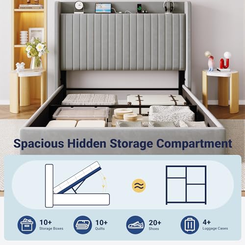 Queen Lift Up Storage Hydraulic Bed Frame,Charging Station,Grey, view 4