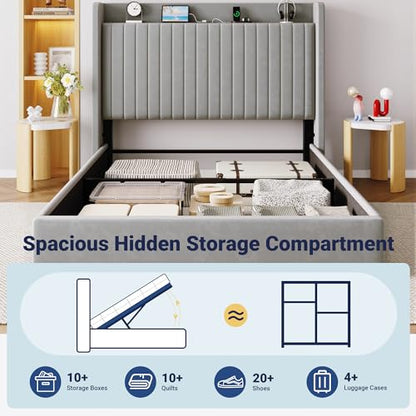 Queen Lift Up Storage Hydraulic Bed Frame,Charging Station,Grey, view 4