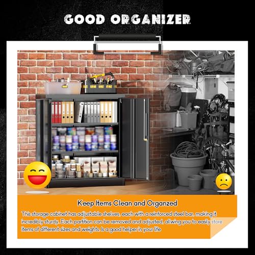 36" H x 32" W x 16" D Black Metal Storage Cabinet with 2 Locking Doors and 2 Adjustable Shelves, Ideal for Home Office, Garage