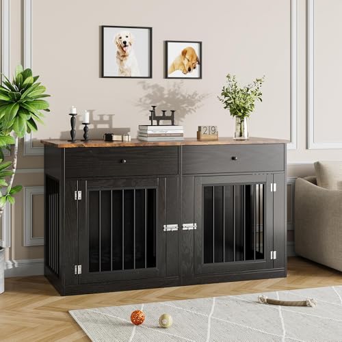 60" Dog Crate Furniture for 2 Dogs, Dog Kennel Furniture, Black, view 8