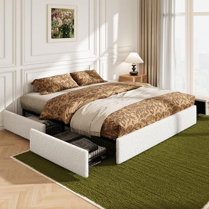 King Size Bed Frame with 4 Oversized Storage Drawers, Soft Teddy Fabric, view 4