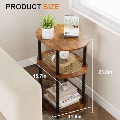 Small Rattan Side Table with Storage, 3 Tier Round/Oval End Table with Rattan Shelf, Boho Nightstand, Tool Free Assembly/Screw-Hole Free Tabletop-Living Room Bedroom-Brown