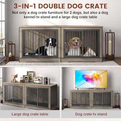 75 Inch Double Dog Crate Furniture for 2 Large Dogs with 2 Trays and Divider, view 4