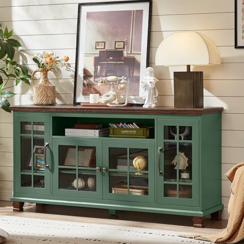 60-Inch Sideboard Buffet Cabinet with Glass Doors,Vintage Green, view 7