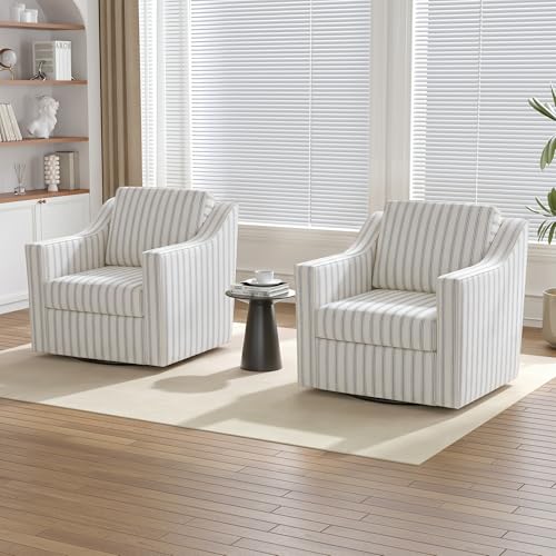 Swivel Accent Chairs Set of 2, 360° Swivel Upholstered Club Armchairs for Living Room, Comfy Reading Chair with Deep Seat, Metal Swivel Base, Pinstripe Light Blue