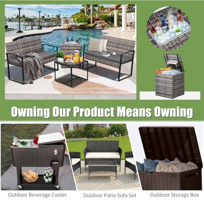 4 Piece Patio Furniture Set w/Built-in Cooler Storage Box, Grey/Grey | All-Weather Hand-Woven Rattan | Tempered Glass Table | Beverage Cooler | Comfy Loveseat | Indoor & Outdoor Use