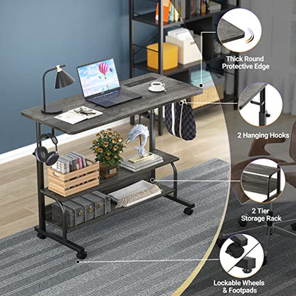 Rolling Standing Desk with Charging Station, Portable Height Adjustable Mobile Computer Desk with Wheels & 2-Tier Shelves & Hooks, Easy Assembly Laptop Table for Couch Bed, 32" Grey Oak