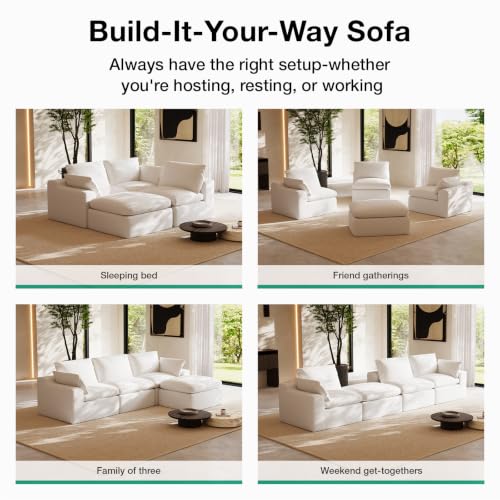 104.3" Modular Cloud Couch, Modern Sectional Sofa with Smarts Coil® Support, Chenille Fabric, Upholstered Couch for Living Room Apartments Bedroom, No Assembly, 3 Seater + 1 Ottoman, White