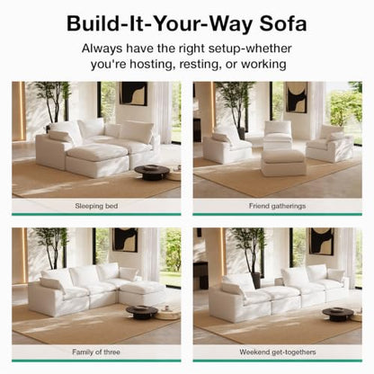 104.3" Modular Cloud Couch, Modern Sectional Sofa with Smarts Coil® Support, Chenille Fabric, Upholstered Couch for Living Room Apartments Bedroom, No Assembly, 3 Seater + 1 Ottoman, White