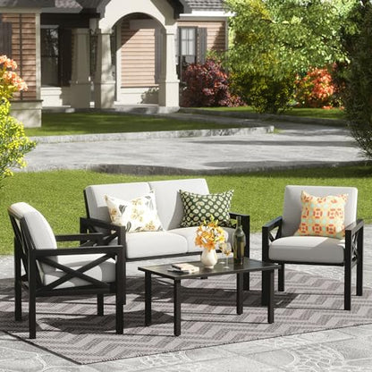 Outdoor Patio Furniture 4 Pieces Set, Modern Patio Conversation Sets, Outdoor Sectional Metal Sofa with 5.5 Inch Cushion and Coffee Table for Balcony, Garden