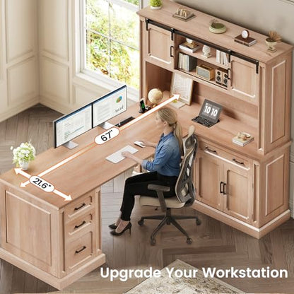 67" Farmhouse Desk with Hutch, L Shaped Office Desk with 4 Drawers & Storage Cabinet, Executive Corner Computer Desk with Sliding Doors, File Drawer & Power Outlet for Home Office, Oak