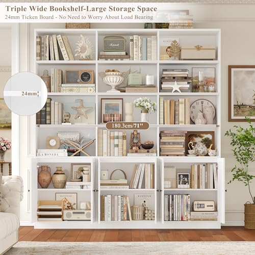 75" Triple Wide Bookshelf, White Bookshelf and Bookcase with 6 Farmhouse Doors, 71" Wide 6 Tier Book Shelf with 18 Storage Shelves, Large Wooden Bookshelves, Tall Bookcase for Office, White