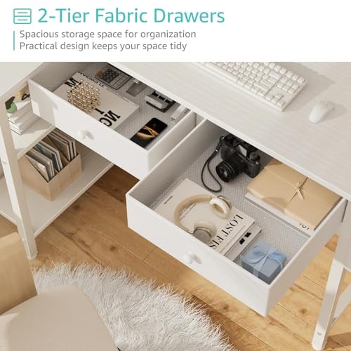 DLisiting Small White L Shaped Desk with Drawers & Storage Shelves, 40 Inch Corner Desk with Power Outlet for Small Space Home Office, Study Work PC Desks for Bedroom