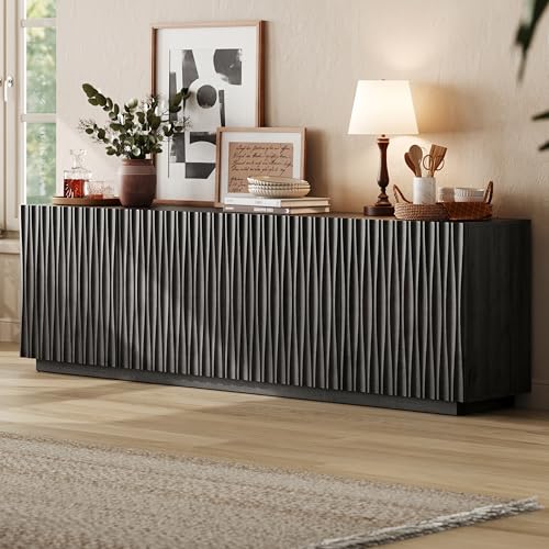 70" Fluted Mid Century Modern Sideboard Buffet Cabinet with Storage, Black, view 2