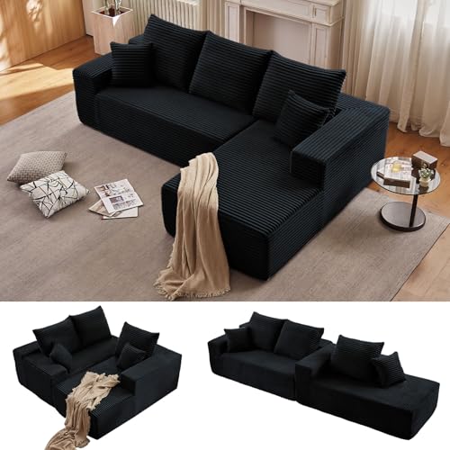 96" Boneless Couch for Living Room, Corduroy Cloud Sectional Sofa with L-Shape Chaise, Modular Memory Foam Couch with Deep Seat, No Assembly Required (Black,Right-Facing Chaise)