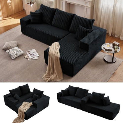 96" Boneless Couch for Living Room, Corduroy Cloud Sectional Sofa with L-Shape Chaise, Modular Memory Foam Couch with Deep Seat, No Assembly Required (Black,Right-Facing Chaise)