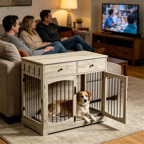 40" Gray Dog Crate End Table, Engineered Wood, 2 Drawers, Reinforced Steel, view 3