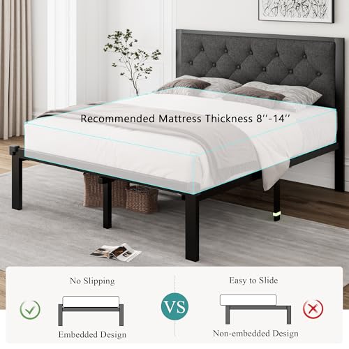 Full Size Metal Bed Frame, Linen Platform Bed Frame with Button Tufted Headboard, view 7