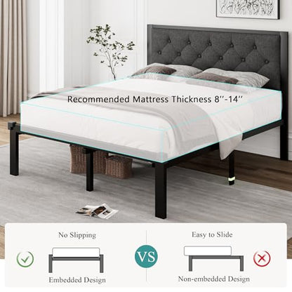 Full Size Metal Bed Frame, Linen Platform Bed Frame with Button Tufted Headboard, view 7