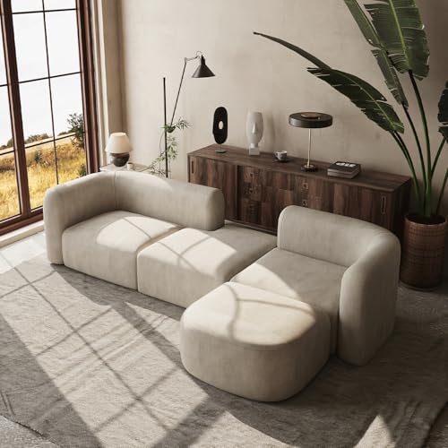 Luxury Modern Tight Curved Back Velvet Sofa, Minimalist Style Comfy Couch for Living Room Apartment, 4 Seater Modular Sectional, Cream