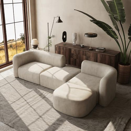 Luxury Modern Tight Curved Back Velvet Sofa, Minimalist Style Comfy Couch for Living Room Apartment, 4 Seater Modular Sectional, Cream