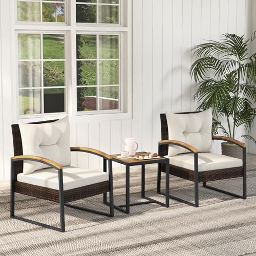 3 Piece Patio Conversation Set, Includes 2 Rattan Chairs and Coffee Table, Solid Acacia Wood Armrests & Tabletop, Outdoor Cushioned Wicker Furniture Set for Backyard, Poolside, Lawn, Garden