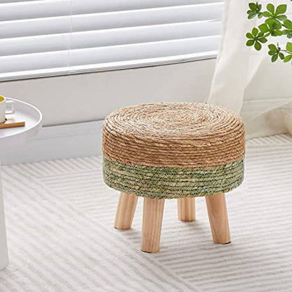 Ottoman Natural Seagrass Footrest Poufs Hand Weave Round Foot Stool for Couch Desk Soft Step Stool Padded Foot Rest with Pine Legs for Living Room Bedroom Natural/Green