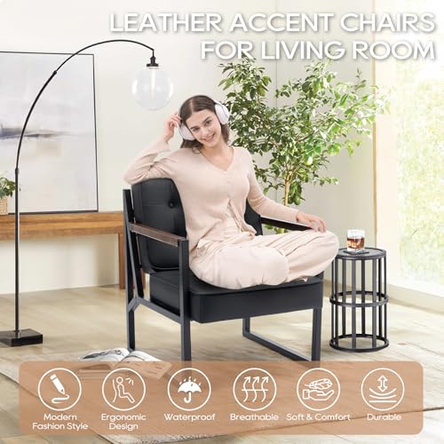 Mid Century Modern Accent Chair Set of 2, Comfy Living Room Chair, Black Leather Accent Chair, Faux Leather Reception Armchair with Metal Legs for Living Room Bedroom Reception Office, Black
