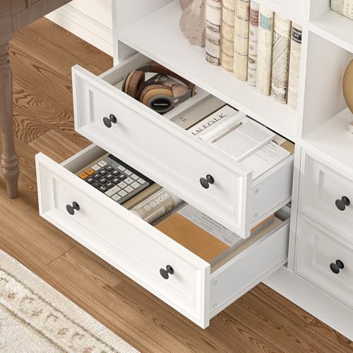 71" Tall Bookshelf with 4 Drawers, 6-Tier Double Wide Bookshelves and Bookcases with Storage, White Bookshelf Large Open Bookshelves Standing Book Cabinet for Home Office, White