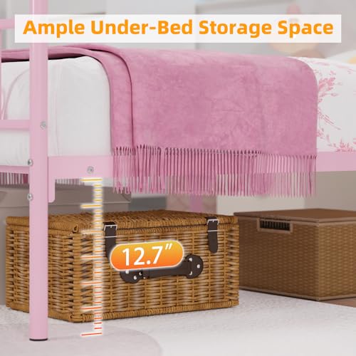Twin Canopy Bed Frame with Headboard, Metal Twin Beds for Kids, Pink, view 8