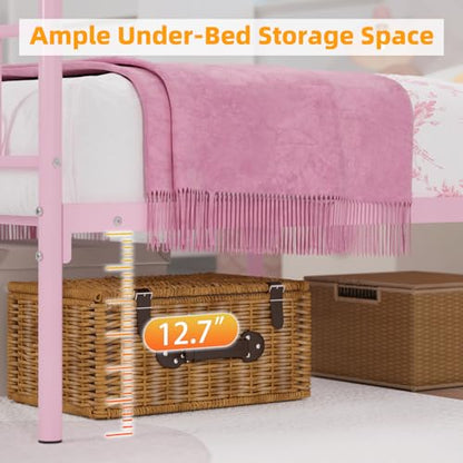 Twin Canopy Bed Frame with Headboard, Metal Twin Beds for Kids, Pink, view 8