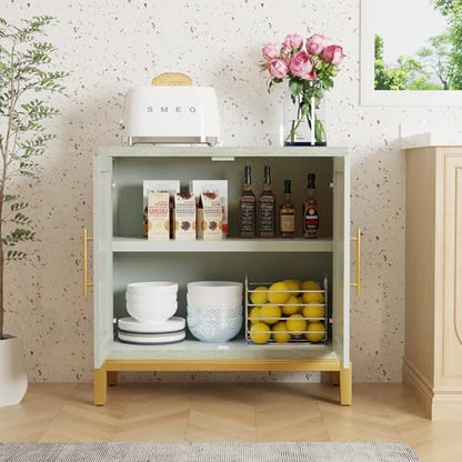 Green Accent Cabinet with Gold Trim,Storage Cabinet with 2 Doors,Modern Wooden Sideboard for Living Room, Kitchen, Office and Hallway