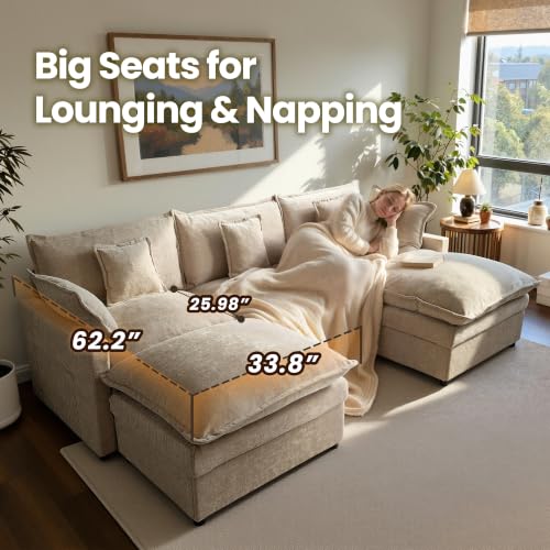 108'' U Shaped Cloud Couch, 3-Seater Sofa with 2 Ottoman, Oatmeal, view 6