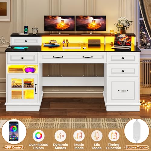 59.1" Executive Desk with File Drawer, Charging Station, White, view 5