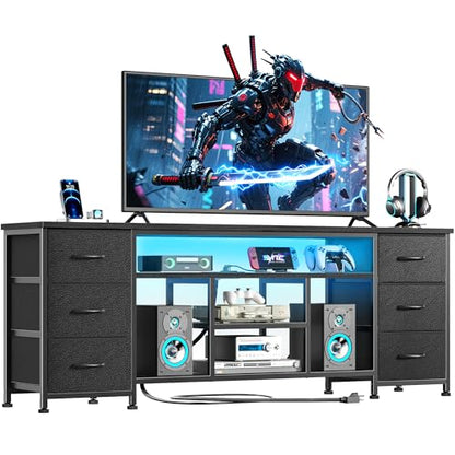 LED TV Stand for 65, 70 Inch TV, 63 Inch Entertainment Center with Power Outlets, 6 Fabric Drawers Dresser for Bedroom, Media Console with Open Shelves, PU Leather Surface, Black