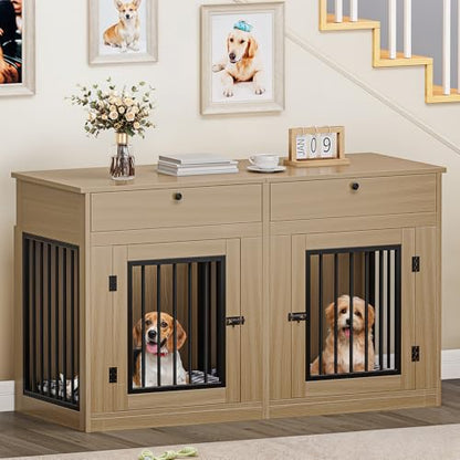 60" Dog Crate Furniture with Removable Divider & Storage Drawers, view 2
