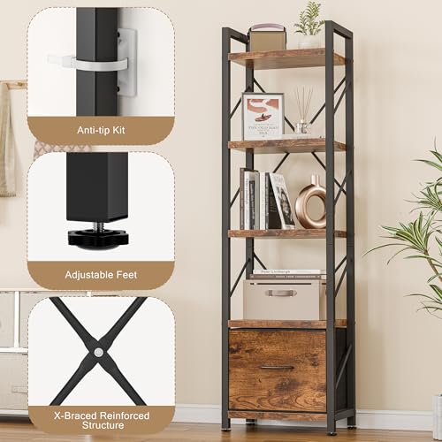 Bookshelf, 5 Tier Bookcase with Drawer, Modern Tall Bookshelves Storage Organizer, Industrial Book Shelves for Bedroom, Living Room, Office, Rustic Brown