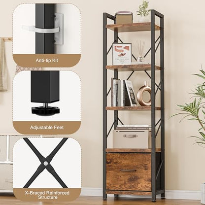 Bookshelf, 5 Tier Bookcase with Drawer, Modern Tall Bookshelves Storage Organizer, Industrial Book Shelves for Bedroom, Living Room, Office, Rustic Brown