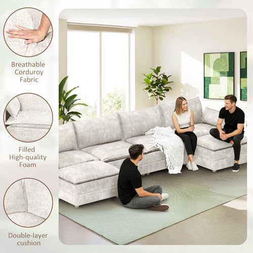 147" U-Shape Modular Sofa with 2 Ottomans, Deep Seat Cloud Convertible Sleeper, 2 Arm Pillows, Comfortable Large Upholstered Furniture for Living Room Apartment, Beige