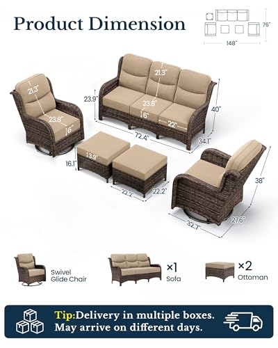 Luxury High Back Patio Furniture Set with 6-Inch Thick Cushion, 5-Piece Outdoor Conversation Set with Sofa, Swivel Rocker Chairs & Ottomans, Ideal for Porch Pool Deck Yard (Beige)