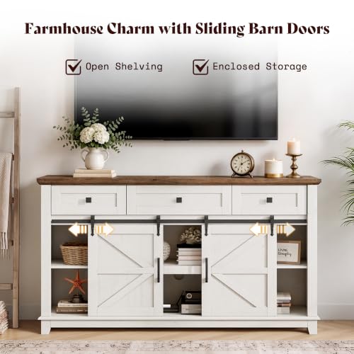 59" Farmhouse TV Stand with Storage Drawers, White & Barnwood, view 6