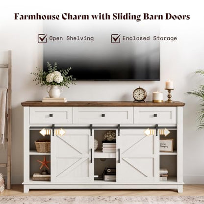 59" Farmhouse TV Stand with Storage Drawers, White & Barnwood, view 6