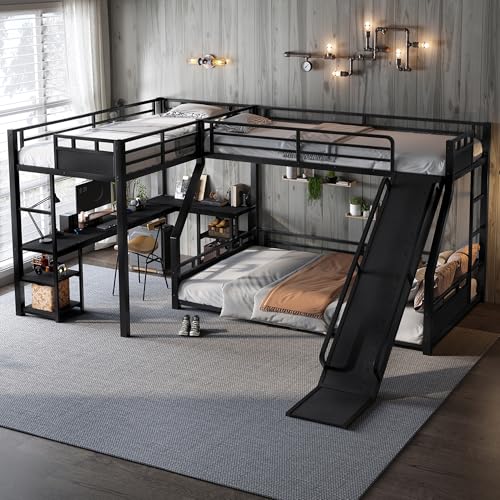 JIVOIT Triple Bunk Bed with Slide & Desk, Storage Shelves, L-Shaped Metal Bunk Bed with Loft Bed, Space-Saving Twin XL Over Queen Metal Triple Bed, Quiet Design, No Box Spring Required